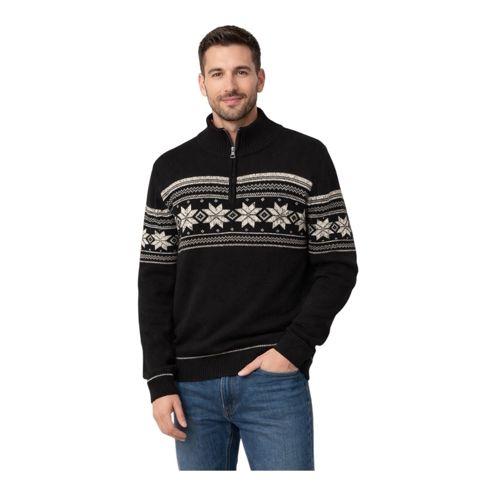 Weatherproof Vintage Snowflake Quarter Zip Sweater Black XL Cotton